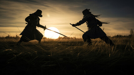 Obraz premium The battle of two samurai in a meadow under the moonlight.