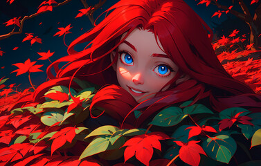 Beautiful redhead girl with blue eyes in the autumn park. Generative AI.