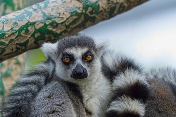 Ring-tailed lemur perched on a branch in the zoo during the daytime