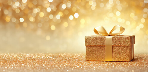 Gold Christmas present with bow against gold background with bokeh lights