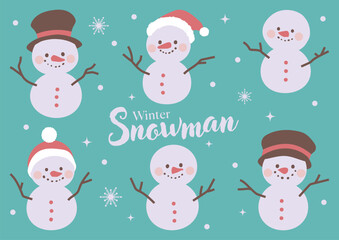 Illustration set of handwritten style snowman. Vector material. Winter pastel colors.