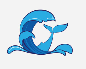 Round abstract symbol of whale and sea wave vector graphic design illustration. Sea wave and tail of whale round vector illustration logo template isolated on white background.
