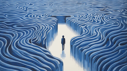 Fototapeta na wymiar Man Standing in Water Art in Exploratory Line
