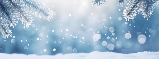 Fototapeta na wymiar Beautiful winter background image of frosted spruce branches and small drifts of pure snow with bokeh Christmas lights and space for text