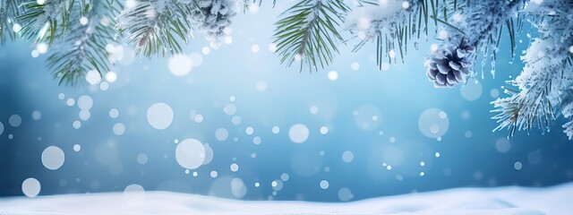 Fototapeta na wymiar Beautiful winter background image of frosted spruce branches and small drifts of pure snow with bokeh Christmas lights and space for text