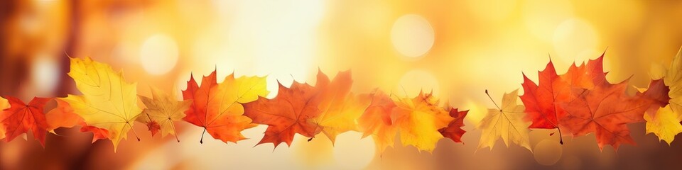 Obraz premium Defocused colorful bright autumn ultra wide panoramic background with blurry red yellow and orange autumn leaves in the park. Border of autumn leaves on a sunny day.