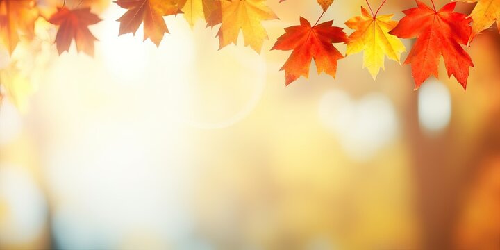 Defocused colorful bright autumn ultra wide panoramic background with blurry red yellow and orange autumn leaves in the park. Border of autumn leaves on a sunny day