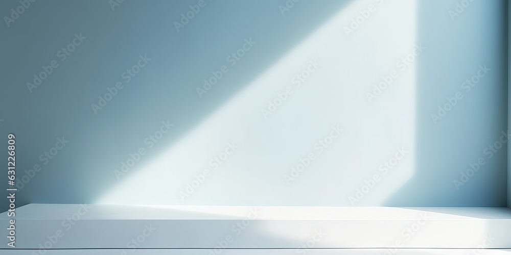 Poster minimal abstract light blue background for product presentation. shadow and light from windows on pl