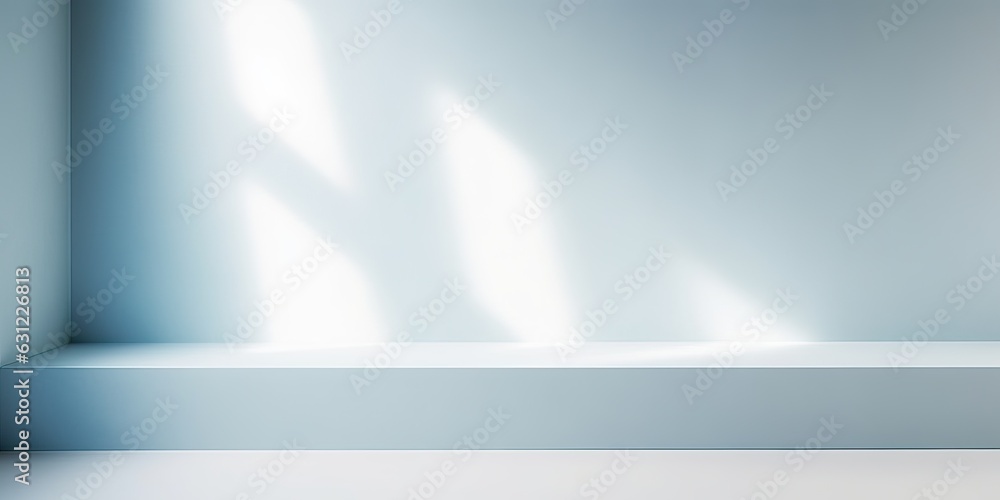 Poster minimal abstract light blue background for product presentation. shadow and light from windows on pl