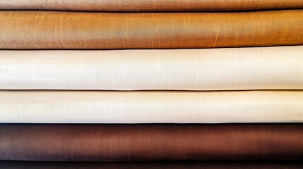 folded  earth tones woven linen fabrics in close up detail in a full frame background, wallpaper texture, soft white, browns and beige 