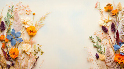 Spring and Summer dried wild flowers composition. herbarium. isolated on off-white, beige watercolor background, yellow, orange, blossoms  