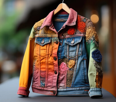 Women's jacket  from cloth patches. Scrappy Quilt patch work fabric textile. 