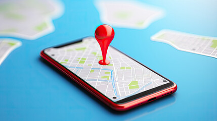 Smartphone with map, 3D Map pins, GPS, navigator pin checking points, 3D World Map icon, technology and application mobile smart phone with mobile, delivery tracking, transportation, generate by AI.