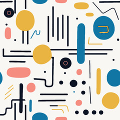 Colorful minimal line doodle seamless pattern. Creative minimalist style. Abstract texture design cute trendy modern with basic shapes. Simple kawaii doodle art for print wallpaper, background, fabric