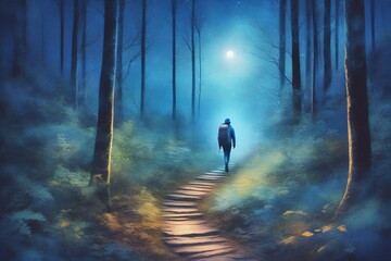 Ein Outdoor Reisender wandert auf einem Waldpfad in der Nacht durch die Natur und genießt die Ruhe.