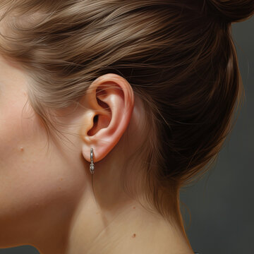 Female ear detail, side view, clean ear showing ear canal, long hair, wearing 2 small ear rings