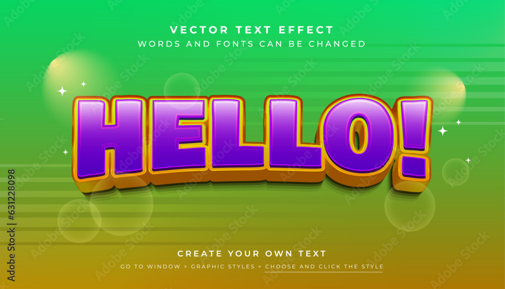 Poster vector editable 3d fun text effect. hello purple yellow graphic style on green abstract background