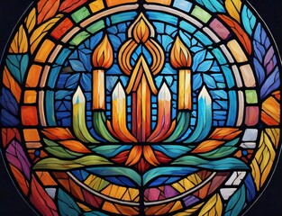 Naklejka na ściany i meble Image showcasing a Hanukkah menorah emblem with colored stained glass, ideal for Jewish holiday Hanukkah greeting cards. Created with generative AI tools