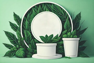 Round podium mockup, complemented with a natural frame of green leaves, ideal for promoting organic cosmetic items. Created with generative AI tools