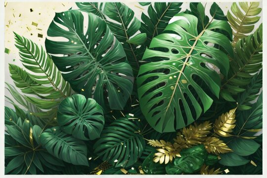 Picture featuring a bush of tropical green foliage plants such as Monstera, fern, and Eucalyptus leaves, highlighted with gold glitter particles. Created with generative AI tools