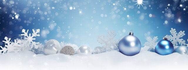 Winter snowy background with Christmas toys, snowdrifts, with beautiful light and snow flakes on the blue sky in the evening, banner format, copy space. Christmas decoration