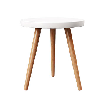 Scandinavian style small white round table isolated on transparent backround with 3 wooden legs.