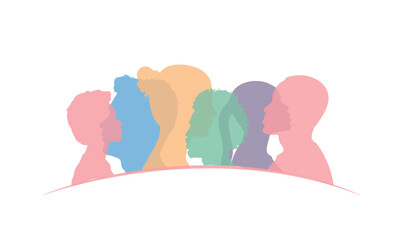 Group diversity colourful silhouette multiethnic people from the side. Community of colleagues or collaborators. Concept of bargain agreement or pact. Collaborate. Co-workers, Harmony ,Organization.