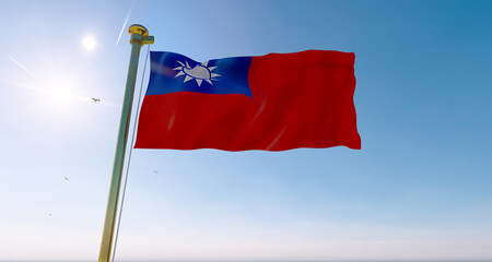 Flag of Taiwan waving in the wind, sky and sun background. Bulgaria  Flag .