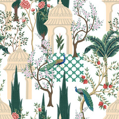 Indian architecture, peacock and trees seamless pattern. Garden wallpaper. 