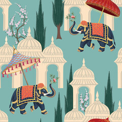 Indian elephants with umbrella and architecture seamless pattern. Garden wallpaper.  - 631230056