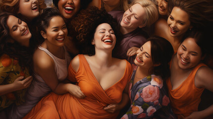 Fototapeta premium Group of multiethnic women in colourful dresses, laughing and posing together to embrace body positivity and self - confidence