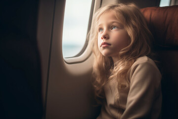 Fototapeta na wymiar Portrait_realistic_Child_sitting_by_aircraft_window_and_lo_