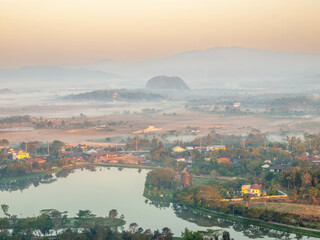Natural viewpoint, mountains, hills, forests and river under morning mist in Chiangrai, Thailand