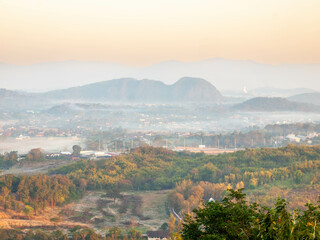 Natural viewpoint, mountains, hills, forests and river under morning mist in Chiangrai, Thailand