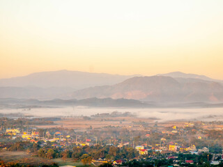 Natural viewpoint, mountains, hills, forests and river under morning mist in Chiangrai, Thailand