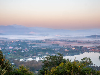 Natural viewpoint, mountains, hills, forests and river under morning mist in Chiangrai, Thailand