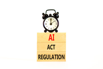 AI act regulation symbol. Concept words AI artificial intelligence act regulation on wooden block. Beautiful white background. Black alarm clock. Business AI act regulation concept Copy space