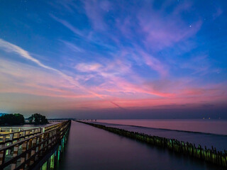 Sea view near mangrove forest with man made wooden barrier for wave protection, under morning...