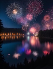 Breathtaking Fireworks Spectacle Reflecting on the Serene Lake Waters