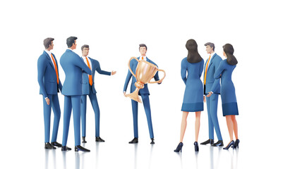 Obraz premium Business people with golden trophy, winners, achievers concept 3D rendering illustration