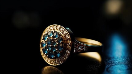 Close - up of a golden ring, studded with many small diamonds .