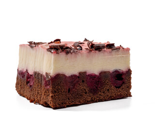 Cherry cake with chocolate on a white background. Cream cake with cherries and chocolate.