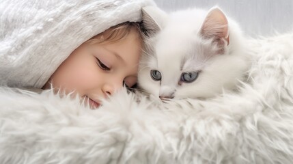 Cute baby with cat on bed at home.