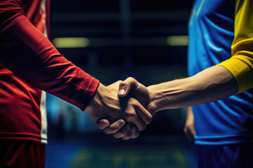 Futsal Players Closeup Handshake - obrazy, fototapety, plakaty