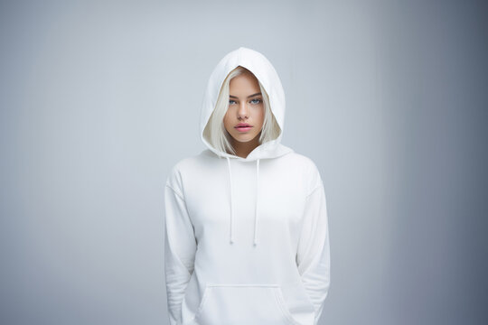 Girl In White Hoodie On White Background Mock Up