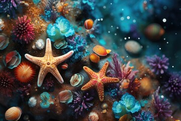 A group of starfishs and other marine life.