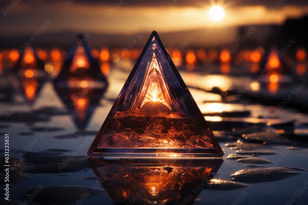 Poster a pyramid shaped object with reflection. surreal symbolic technological landscape.