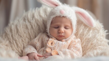 Cute newborn baby wearing bunny ears sleeping.