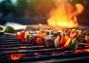 Grilled skewers of delicious food cooking on a barbecue