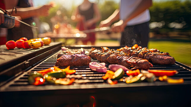 Grilled meat and vegetables on a hot grill